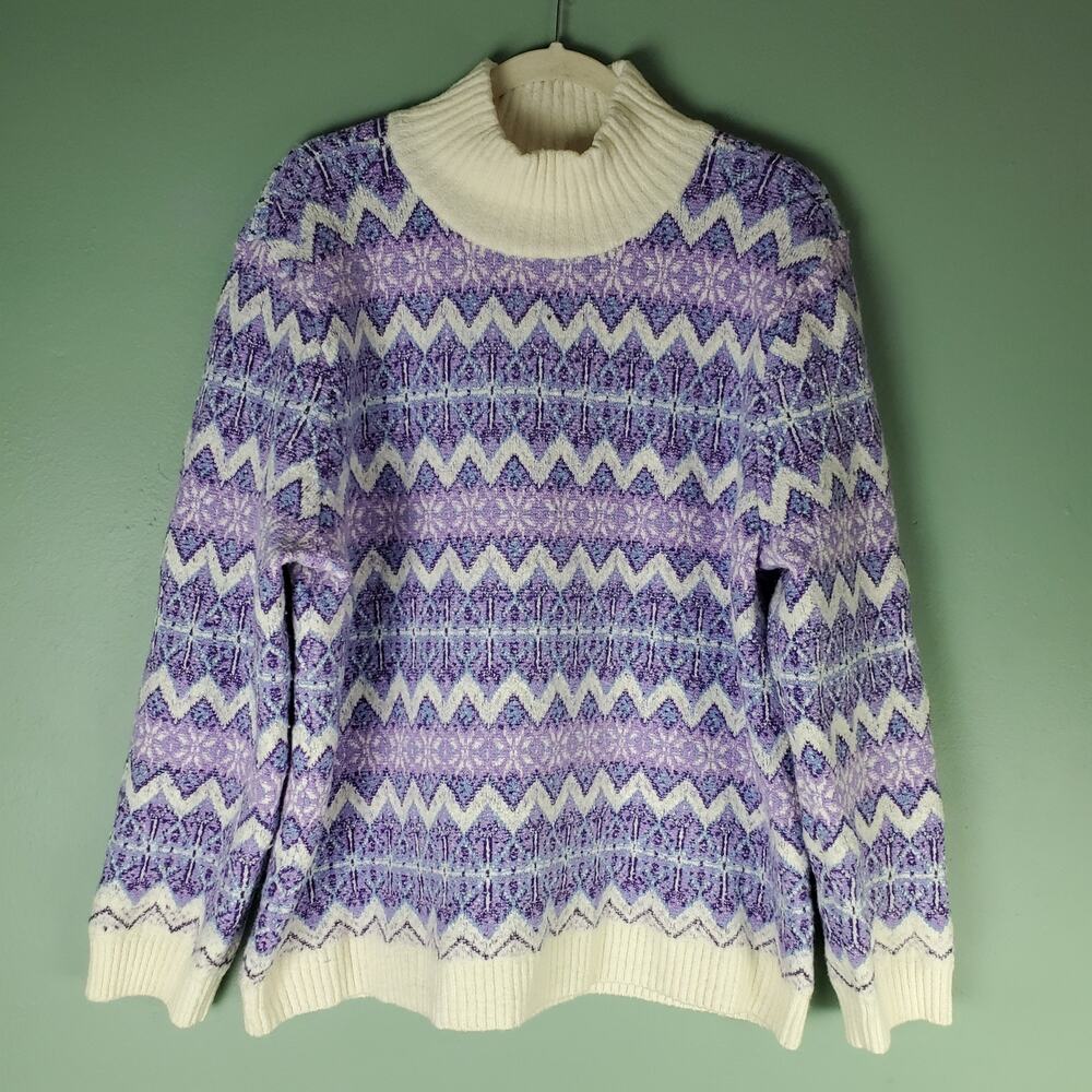 Talbots Womens Purple Cream Zigzag Jacquard Fair Isle Mockneck Sweater Size XL